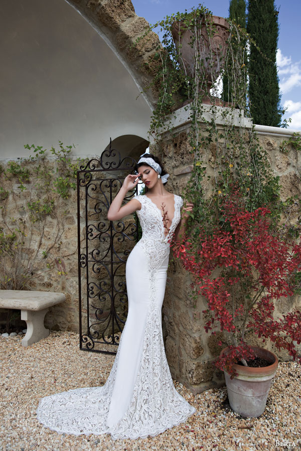 berta bridal 2015 beautiful lace cap sleeve wedding dress deep v neckline