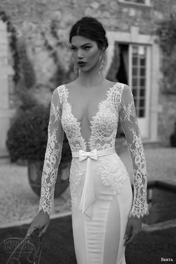 berta bridal 2015 deep v neck illusion bodice long sleeve lace sheath wedding dress