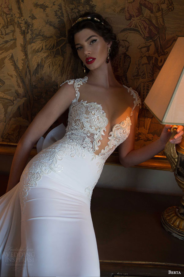 berta bridal 2015 elegant sheath wedding dress deep v neckline exquisite bodice close up