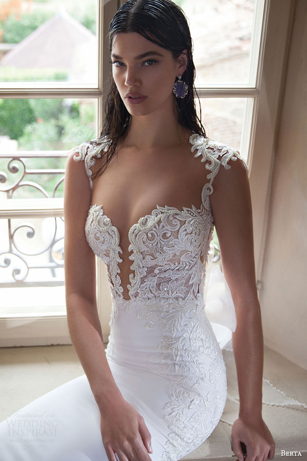 berta bridal 2015 elegant sheath wedding dress deep v neckline exquisite bodice detail close up