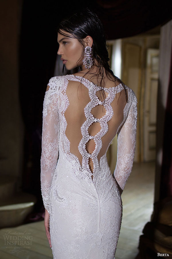 berta bridal 2015 exquisite wedding dress long sleeves deep scalloped v neck back view detail