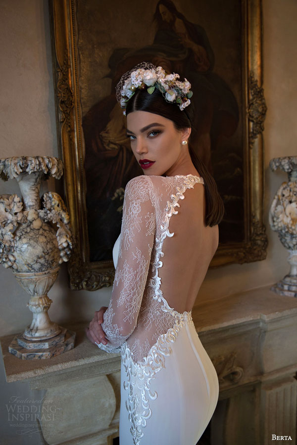 berta bridal 2015 gorgeous wedding dress with illusion long sleeves sheer waist detail deep v neckline keyhole back train close up