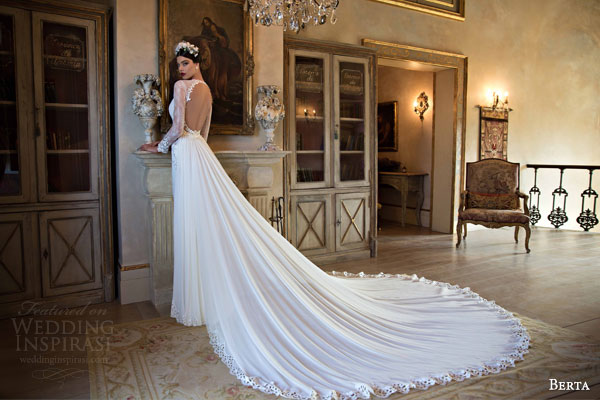 berta bridal 2015 gorgeous wedding dress with illusion long sleeves sheer waist detail deep v neckline keyhole back train