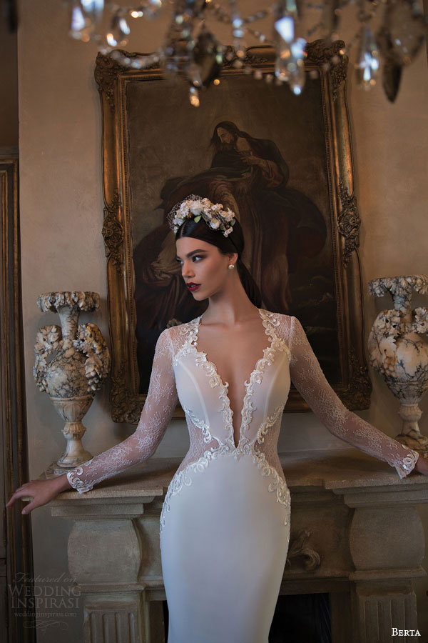 berta bridal 2015 gorgeous wedding dress with illusion long sleeves sheer waist detail deep v neckline