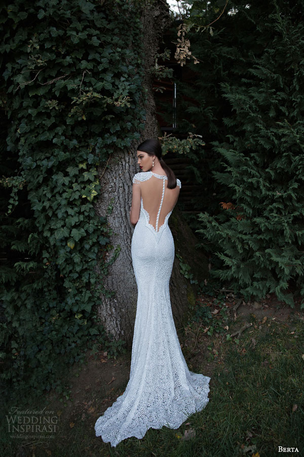 berta bridal 2015 high neck beaded cap sleeve sheath wedding dress back view berta bridal 2015 high neck beaded cap sleeve sheath wedding dress back view