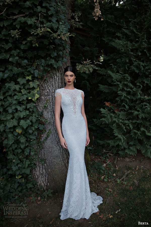 berta bridal 2015 high neck beaded cap sleeve sheath wedding dress berta bridal 2015 high neck beaded cap sleeve sheath wedding dress