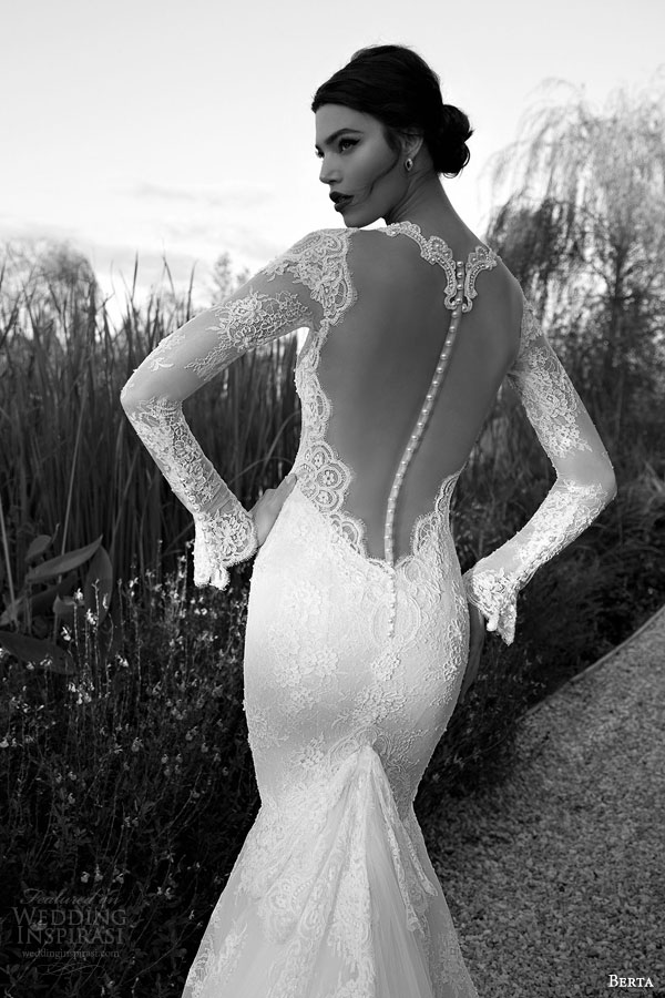 berta bridal 2015 illusion bodice long sleeve sexy wedding dress lace train back view close up