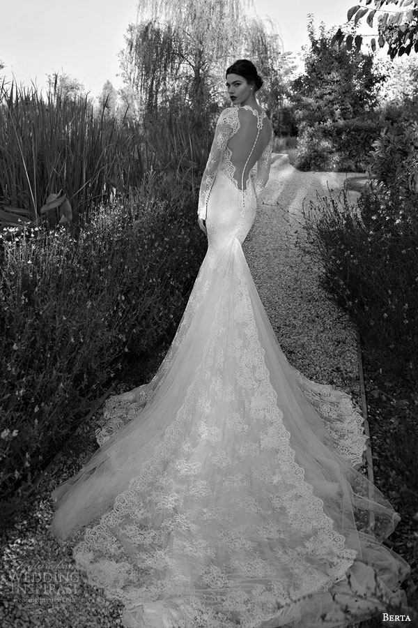 berta bridal 2015 illusion bodice long sleeve sexy wedding dress lace train back view