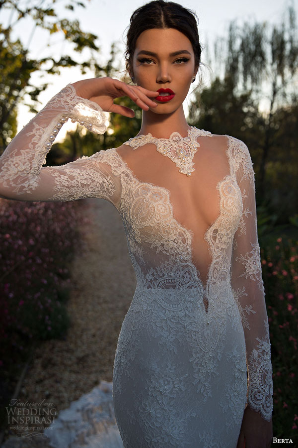 berta bridal 2015 illusion bodice long sleeve sexy wedding dress lace train close up