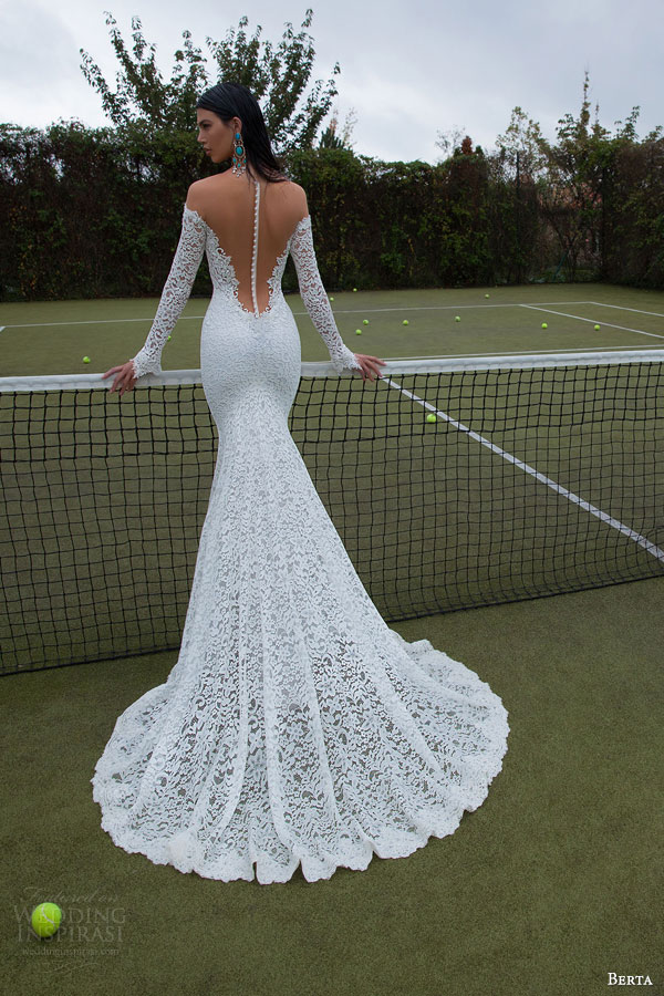 berta bridal 2015 illusion off shoulder bodice lace long sleeve deep v neck sheath wedding dress back view