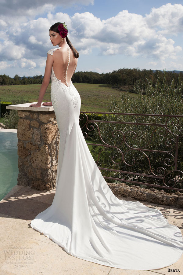 berta bridal 2015 lace cap sleeve wedding dress illusion bodice back view