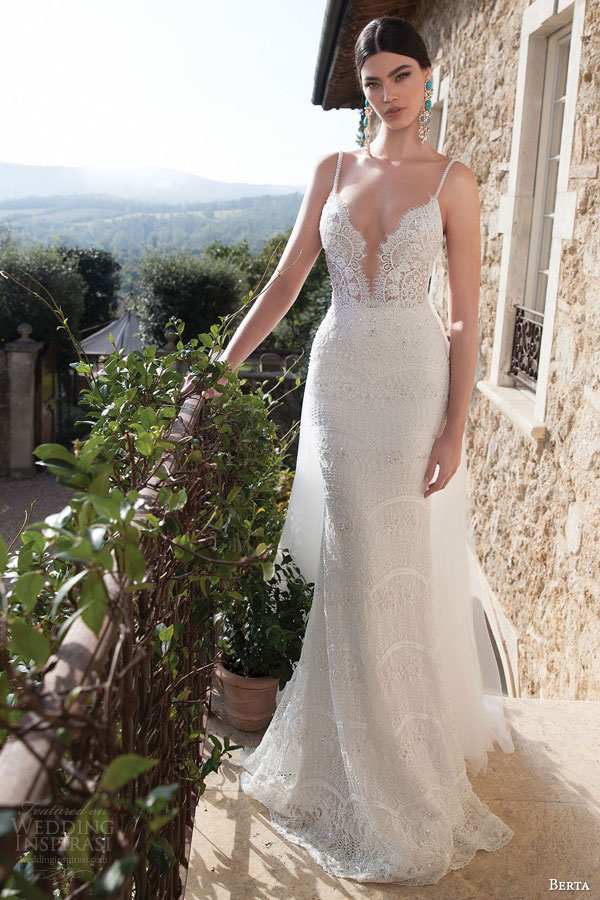 berta bridal 2015 lace sheath wedding dress sexy plunging deep v neckline embellished straps