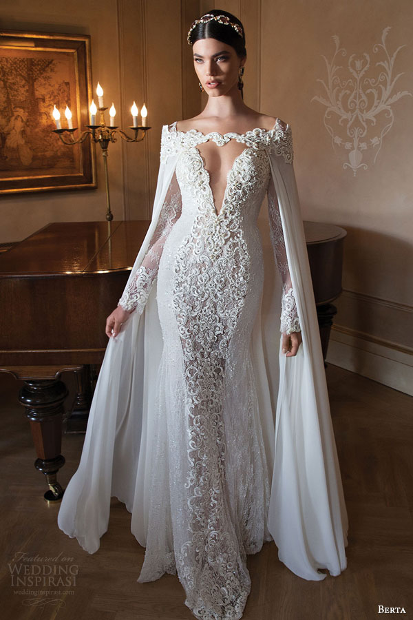 berta bridal 2015 off the shoulder long sleeve sheath wedding dress cape