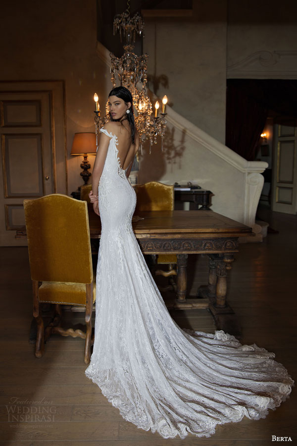 berta bridal 2015 off the shoulder sheath wedding dress low back view berta bridal 2015 off the shoulder sheath wedding dress low back view