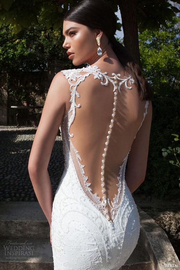 berta bridal 2015 sheath wedding dress deep v neckline back buttons close up berta bridal 2015 sheath wedding dress deep v neckline back buttons close up