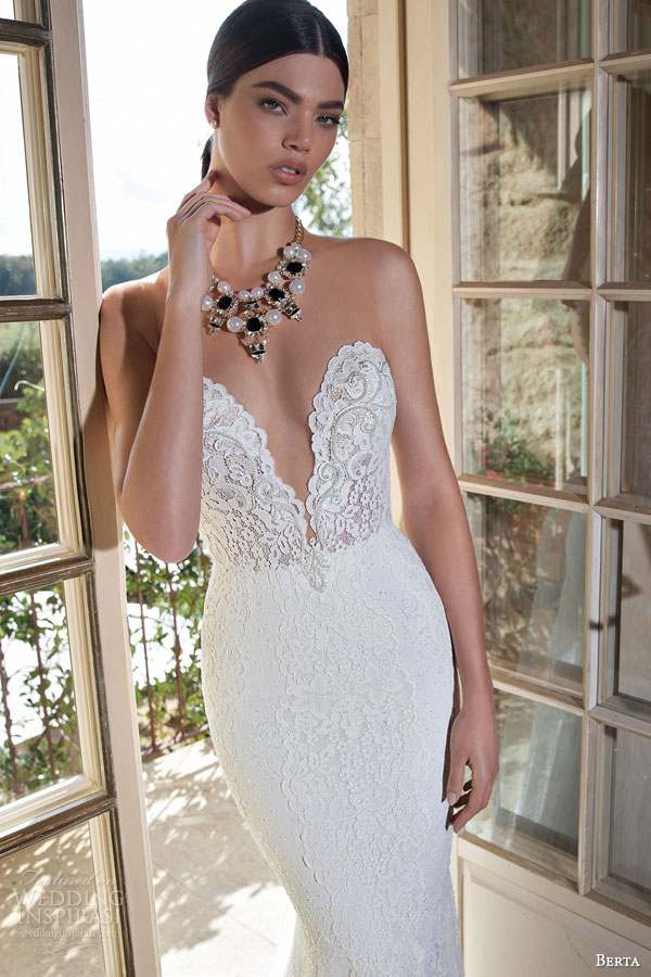berta bridal 2015 sleeveless illusion deep sweetheart neckline sheath wedding dress