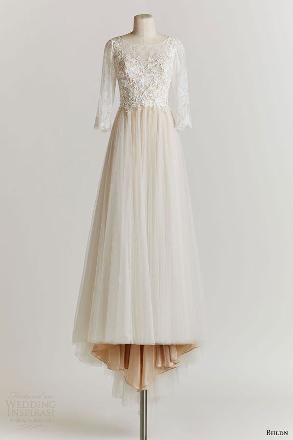 bhldn spring 2015 amelie wedding dress illusion three quarter sleeves a line skirt