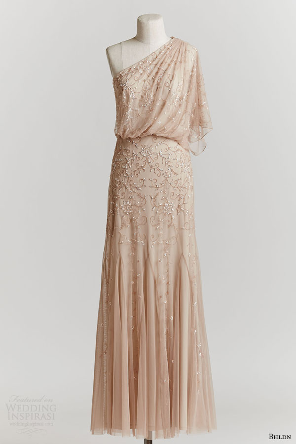 bhldn spring 2015 raquel one shoulder blush wedding dress beaded bodice godet skirt