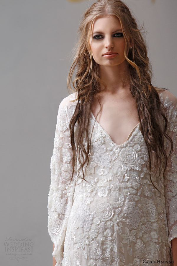 carol hannah bridal spring 2015 alchemist iolite long sleeve kaftan style wedding dress beaded floral detail bodice close up