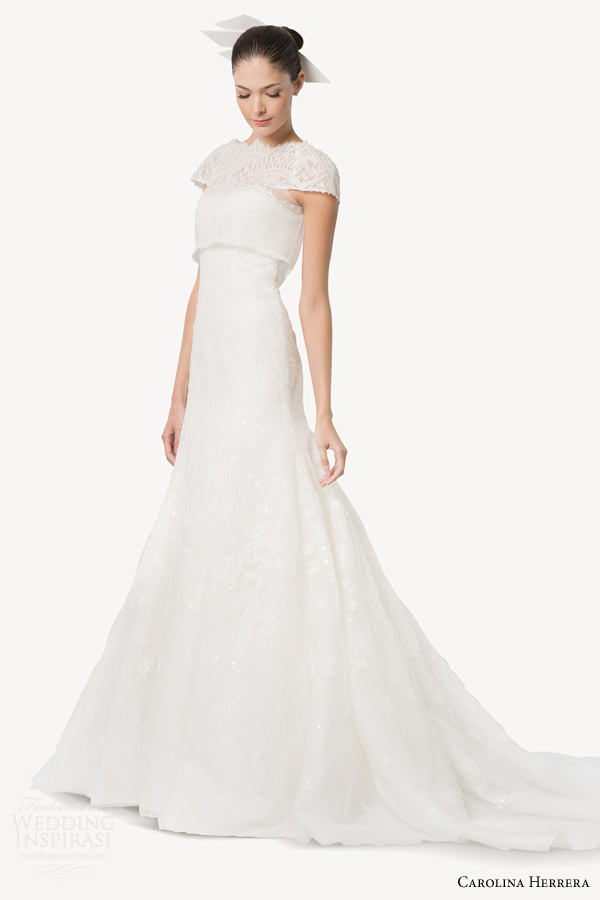 carolina herrera bridal fall 2015 desiree strapless wedding dress with cropped lace topper