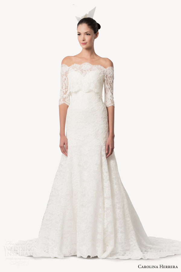 carolina herrera bridal fall 2015 diana strapless lace wedding dress three quarter sleeve off shoulder cropped lace topper