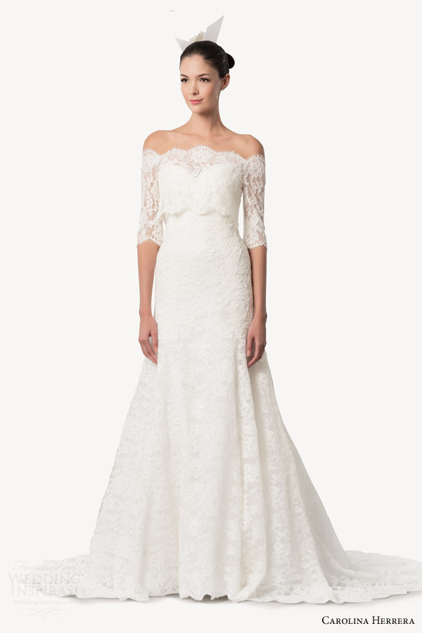 carolina herrera bridal fall 2015 diana strapless lace wedding dress three quarter sleeve off shoulder cropped lace topper carolina herrera bridal fall 2015 diana strapless lace wedding dress three quarter sleeve off shoulder cropped lace topper