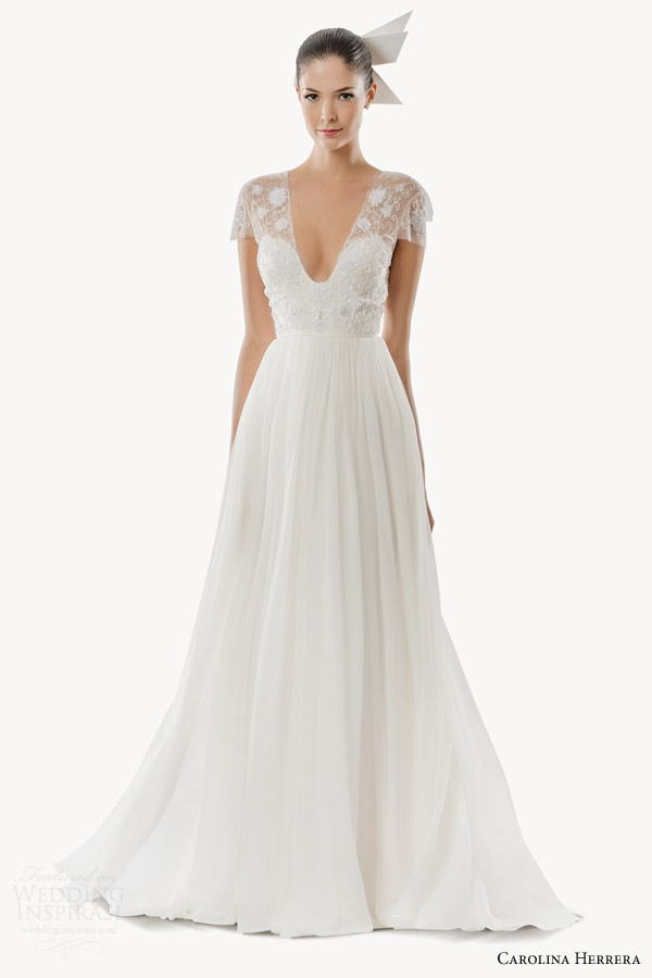 carolina herrera bridal fall 2015 dorian illusion cap sleeve deep v neck wedding dress