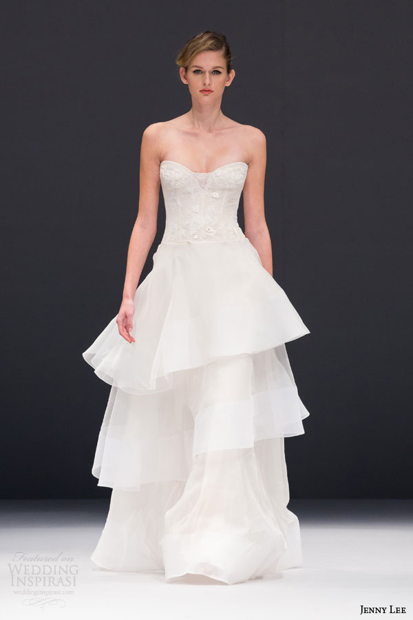 jenny lee bridal fall 2015 style 1515 strapless lace bodice wedding dress bias cut skirt tiered organza