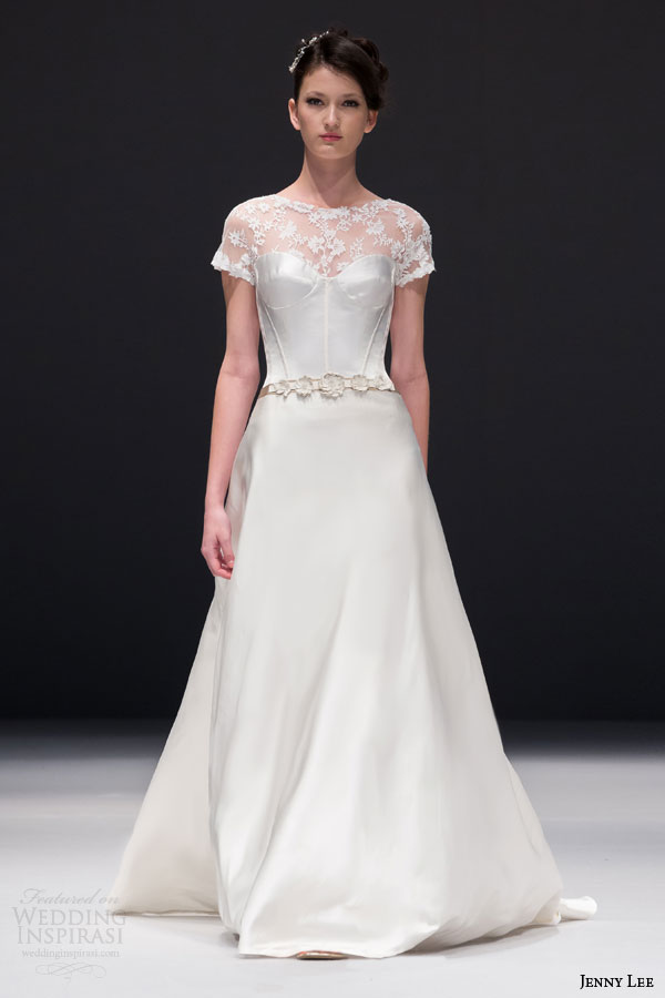 jenny lee bridal fall 2015 style 1519 a line wedding dress lace cap sleeve corset top bias cut skirt floral belt