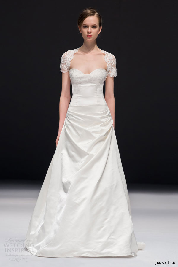 jenny lee bridal fall 2015 style 1520 a line wedding dress satin corset top lace sweetheart bust draped skirt lace bolero