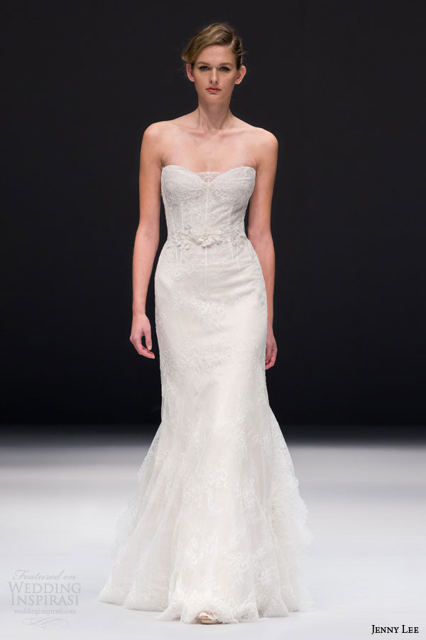 jenny lee bridal fall 2015 style 1522 all over lace strapless trumpet mermaid wedding dress ruffled train