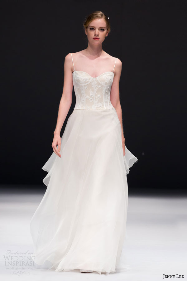 jenny lee bridal fall 2015 style 1524 a line wedding dress lace corset spaghetti straps organza overlay skirt