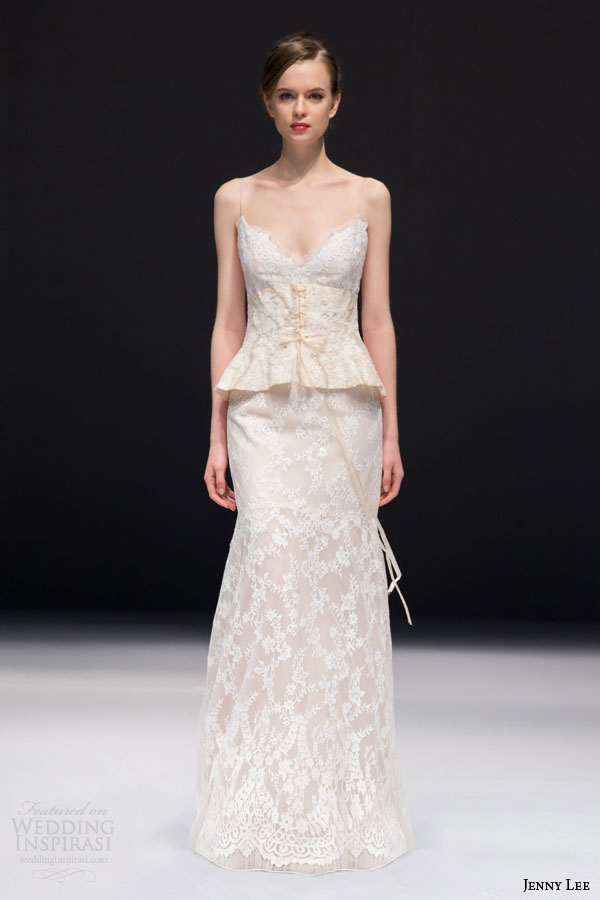 jenny lee bridal fall 2015 style 1526 lace spaghetti strap trumpet wedding dress lace applique waist nipper