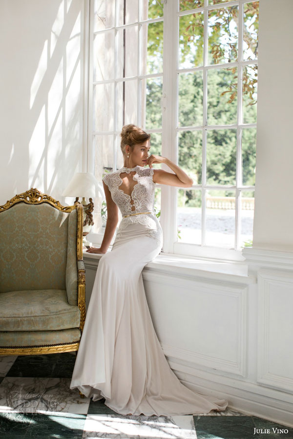 julie vino bridal 2015 fall provence grace cap sleeve wedding dress keyhole bodice high neckline view 2