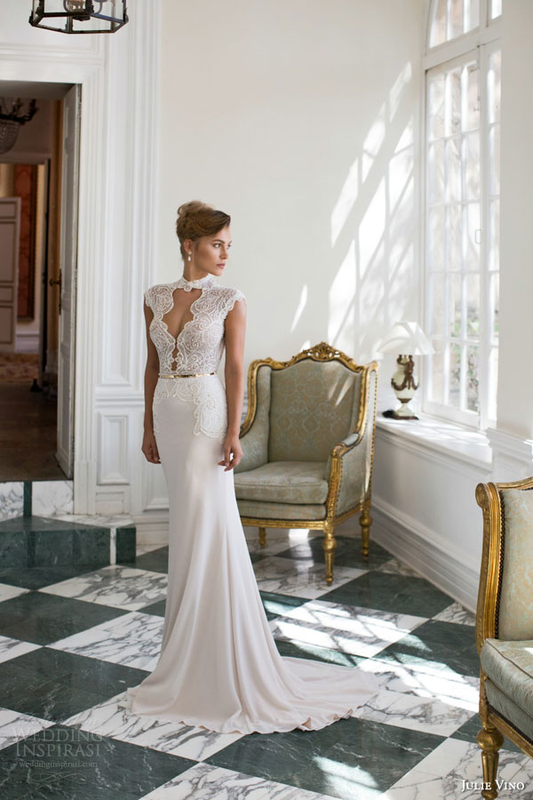 julie vino bridal 2015 fall provence grace cap sleeve wedding dress keyhole bodice high neckline