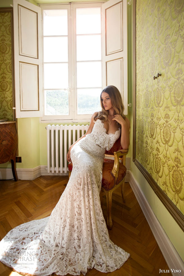 julie vino bridal 2015 provence zoey romantic lace wedding dress straps blouson bodice scalloped v neckline