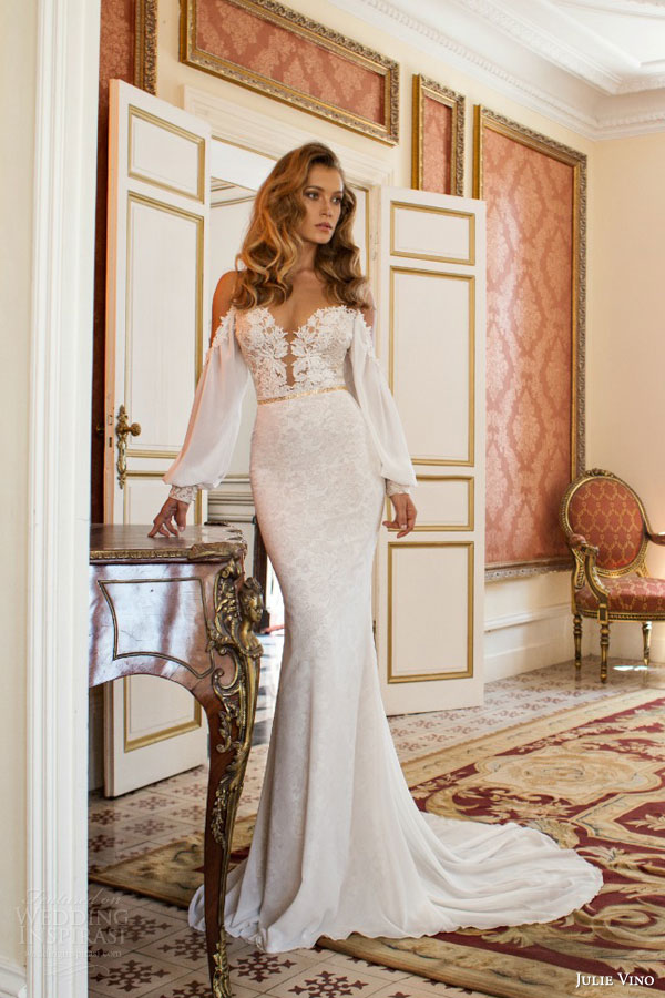 julie vino bridal fall 2015 provence cecile off shoulder long sleeve bishop style sheath wedding dress front view julie vino bridal fall 2015 provence cecile off shoulder long sleeve bishop style sheath wedding dress front view