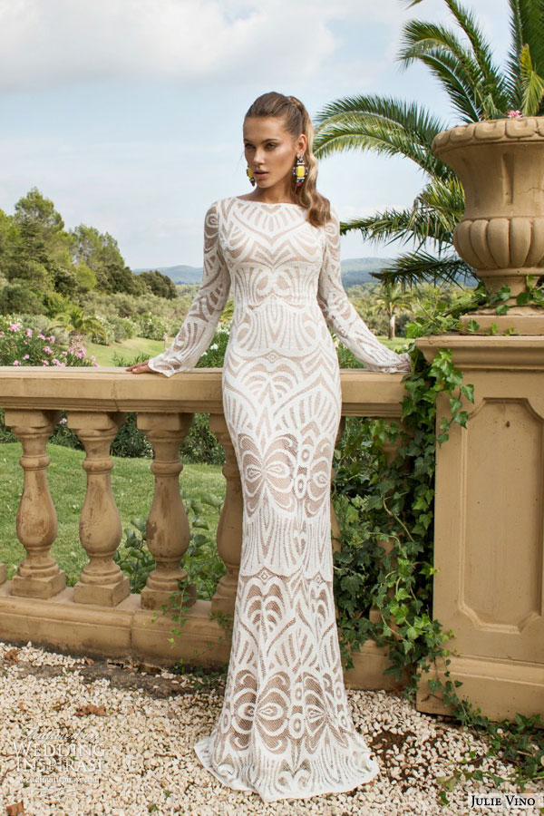 julie vino bridal fall 2015 provence didi long sleeve bateau neck patterned sheath wedding dress