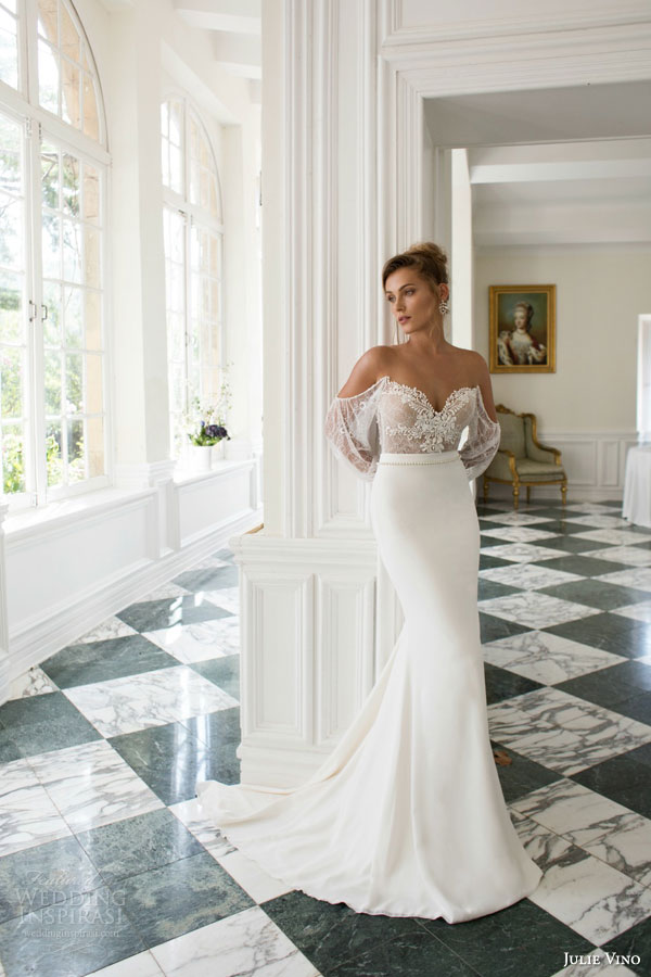 julie vino bridal fall 2015 provence emma sheath wedding off shoulder long sleeves front full view