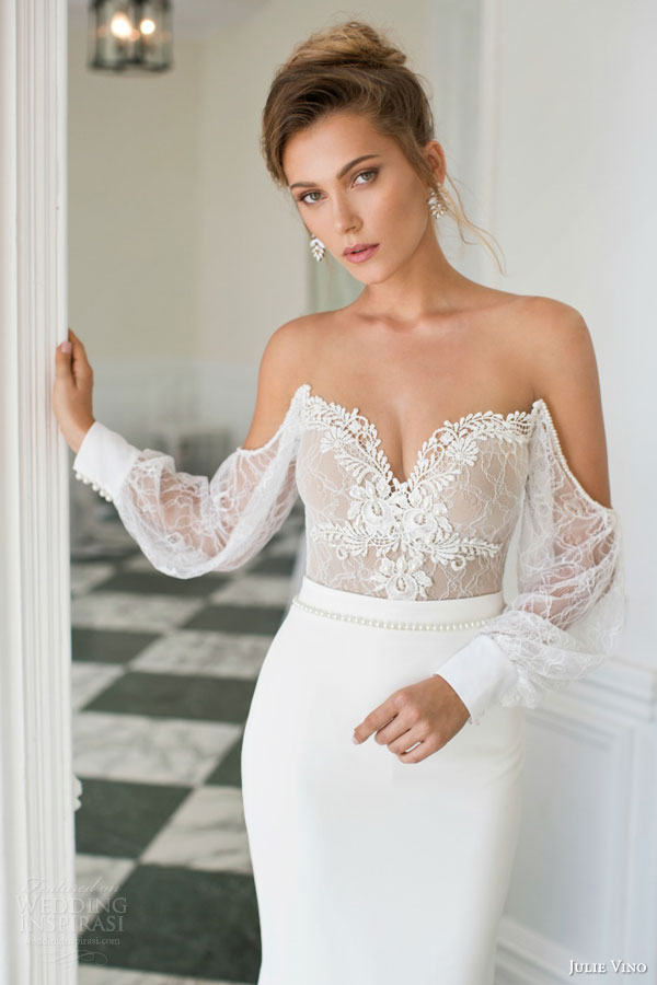 julie vino bridal fall 2015 provence emma sheath wedding off shoulder long sleeves