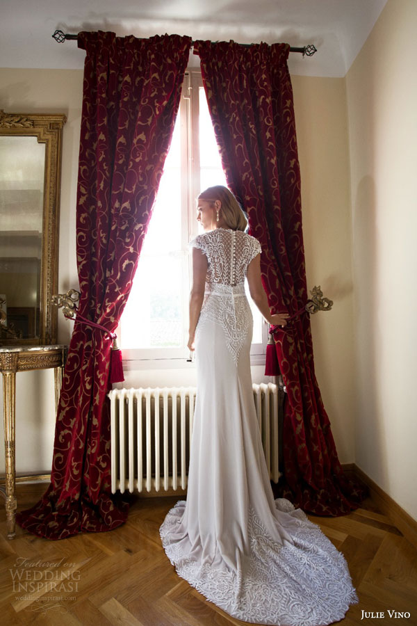 julie vino bridal fall 2015 provence eve cap sleeve wedding dress beaded illusion back view train