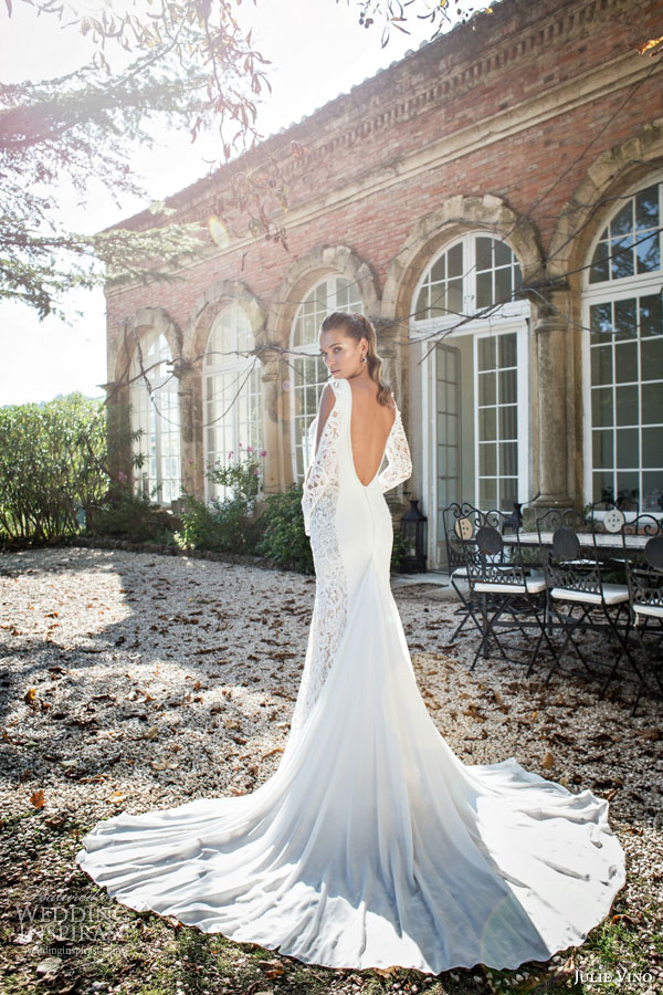 julie vino bridal fall 2015 provence marline illusion long sleeve sheath wedding dress deep v neckline scoop open back view train julie vino bridal fall 2015 provence marline illusion long sleeve sheath wedding dress deep v neckline scoop open back view train