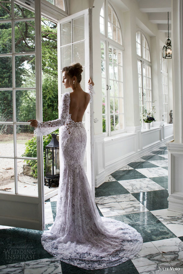 julie vino bridal fall winter 2015 provence alexis lace sheath wedding dress long bell sleeves scalloped v neckline open back view julie vino bridal fall winter 2015 provence alexis lace sheath wedding dress long bell sleeves scalloped v neckline open back view