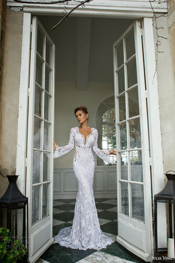 julie vino bridal fall winter 2015 provence alexis lace sheath wedding dress long bell sleeves scalloped v neckline