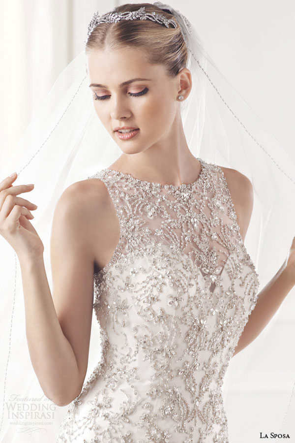 la sposa bridal 2015 erma sleeveless mermaid wedding dress crystal bead embellished bodice high jewel neckline close up