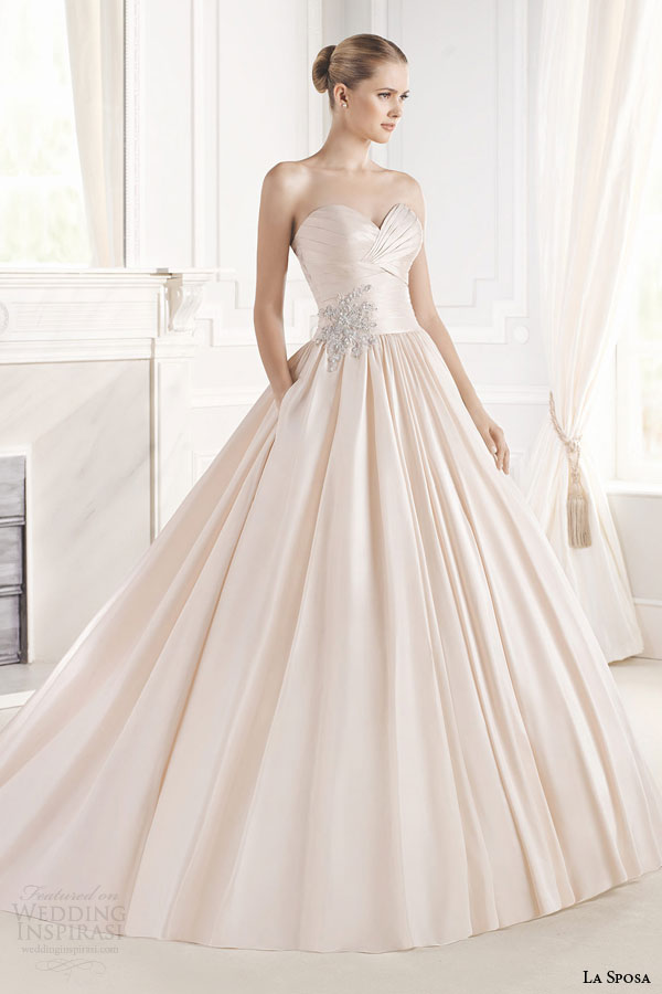 la sposa bridal 2015 eugenia strapless colored wedding dress full a line ball gown silhouette sweetheart neckline pocket full view