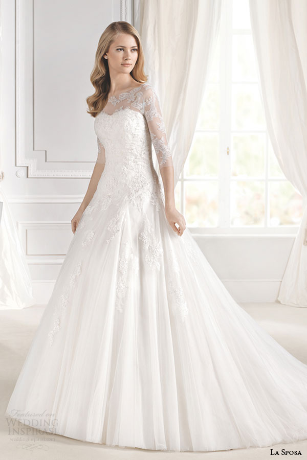 la sposa bridal 2015 mimosa a line romantic lace wedding dress three quarter illusion sleeves neckline