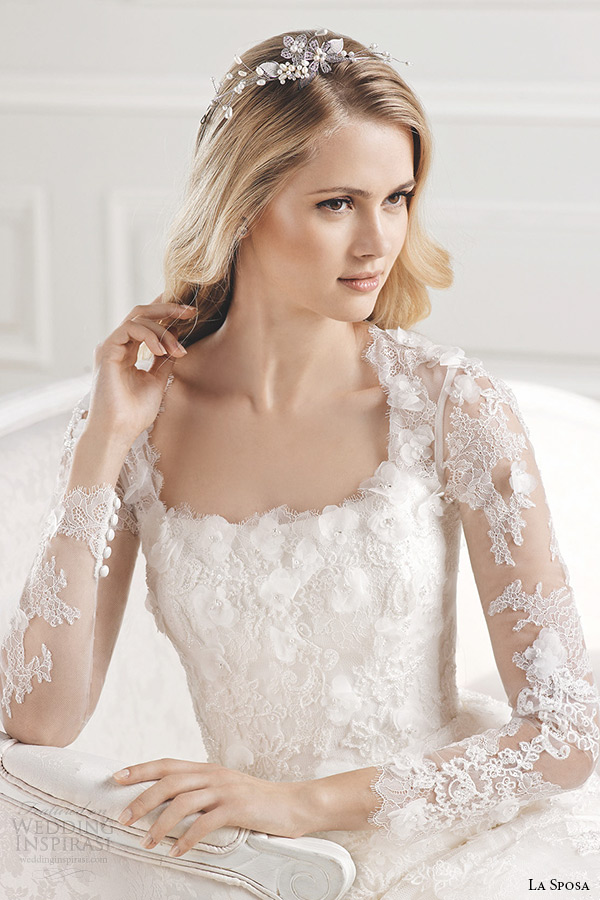 la sposa bridal 2015 wedding dress long sleeves square neckline fit and flare chapel train wedding gown eol close up