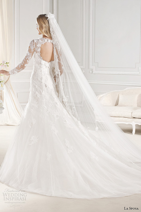 la sposa bridal 2015 wedding dress long sleeves square neckline fit and flare chapel train wedding gown eol