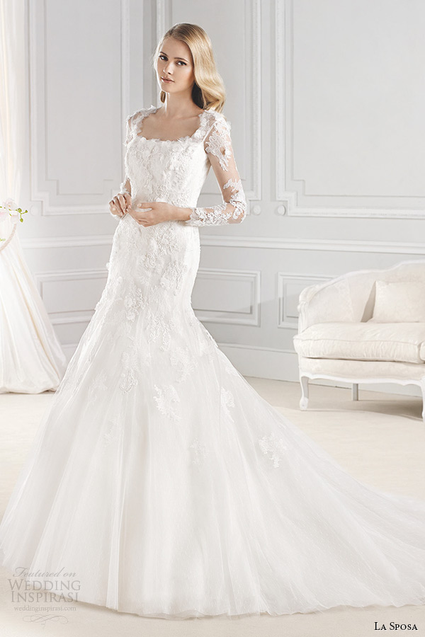 la sposa bridal 2015 wedding dress long sleeves square neckline fit and flare wedding gown eol